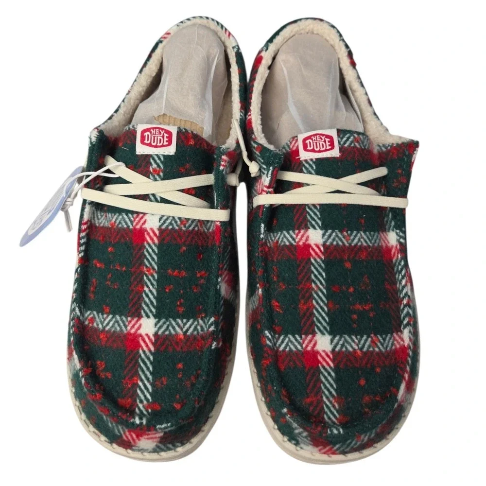 Hey Dude Wendy Plaid Loafers Womens 9 Red Green Cozy Christmas Slip On Shoes New